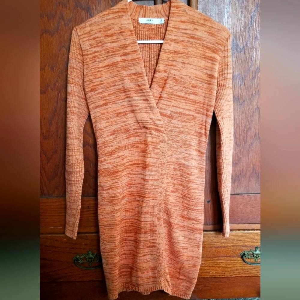 Obey ribbed sweater mini dress. 70's style. Orange. Women's size M